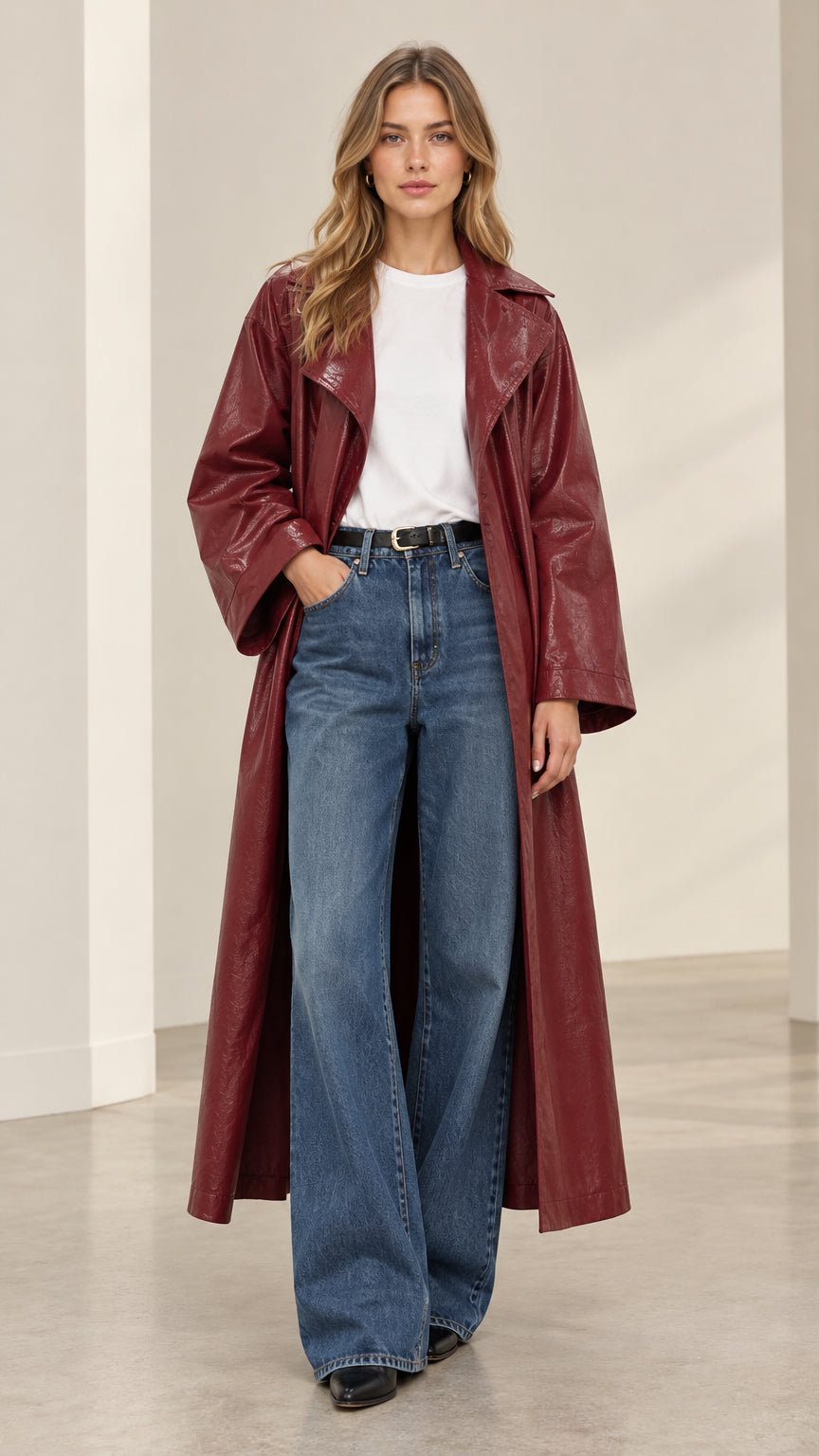 Front full-length view of model wearing burgundy glossy textured long trench coat with jeans