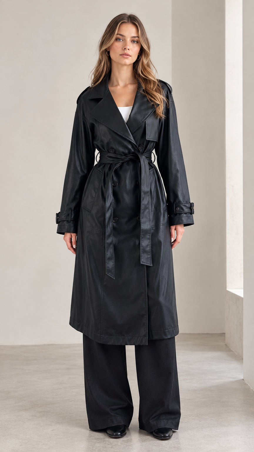 Full front view of a woman modeling the black belted trench coat and wide-leg pants set