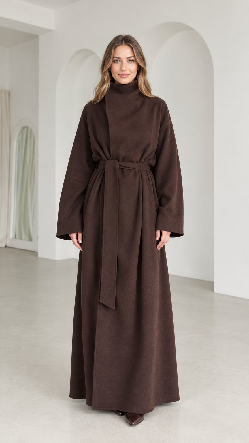 Full front view of model wearing brown high neck belted maxi coat