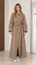 Full front view of women's taupe maxi wrap coat with waist tie belt