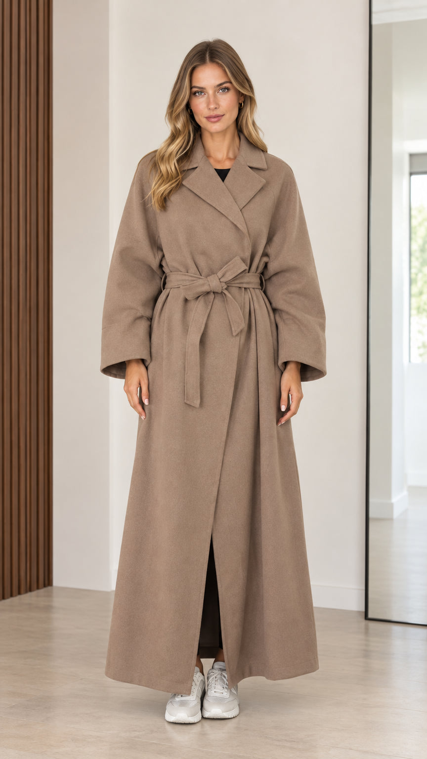 Full front view of women's taupe maxi wrap coat with waist tie belt