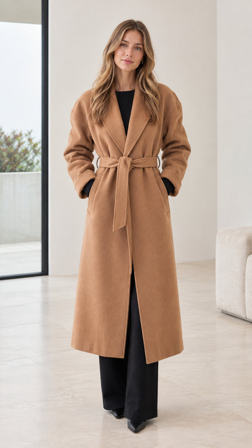 Front view of model wearing a camel long belted overcoat