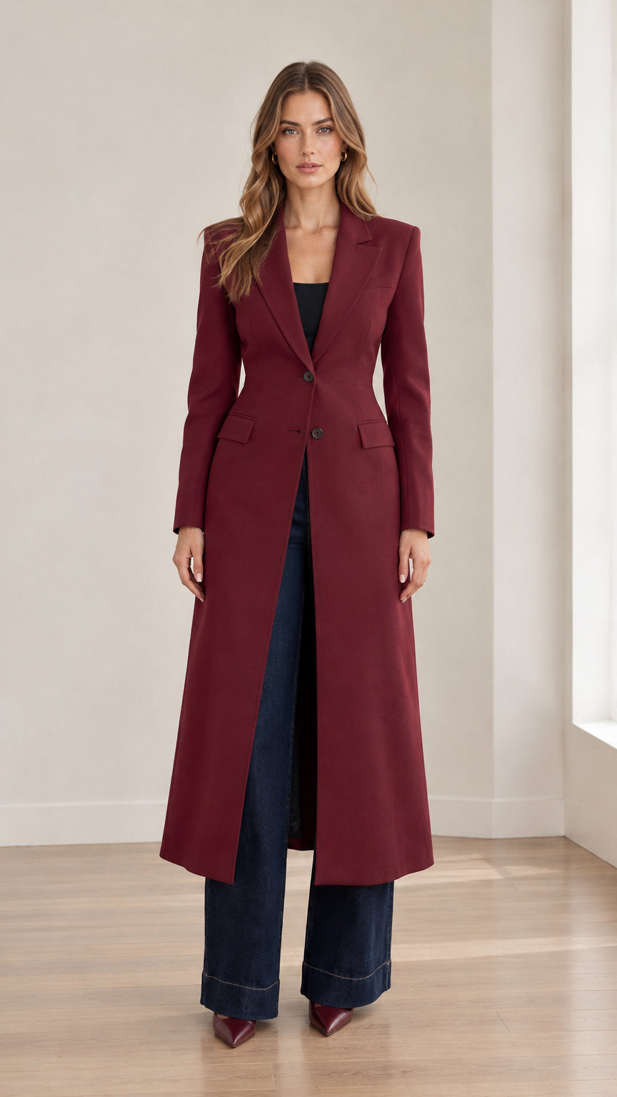 Full front view of model wearing burgundy maxi tailored blazer coat with wide-leg jeans