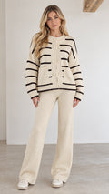 Full front view of cream striped knit cardigan and matching wide-leg trousers set