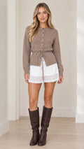 Front full view of model wearing taupe button-down drawstring knit cardigan sweater