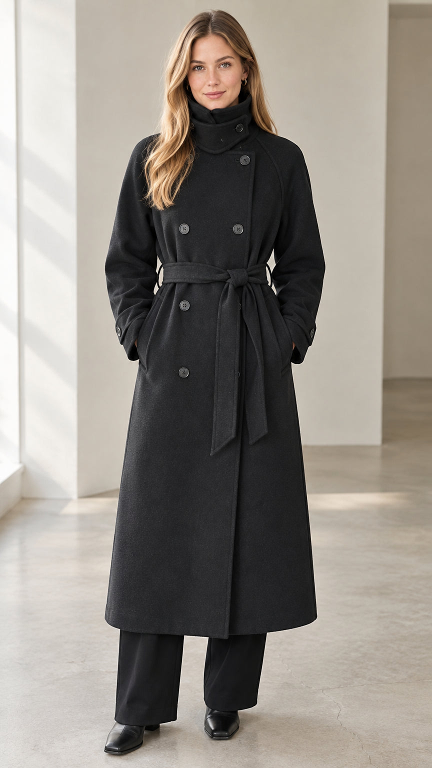 Front view of model wearing black double-breasted long overcoat with belted waist and high collar