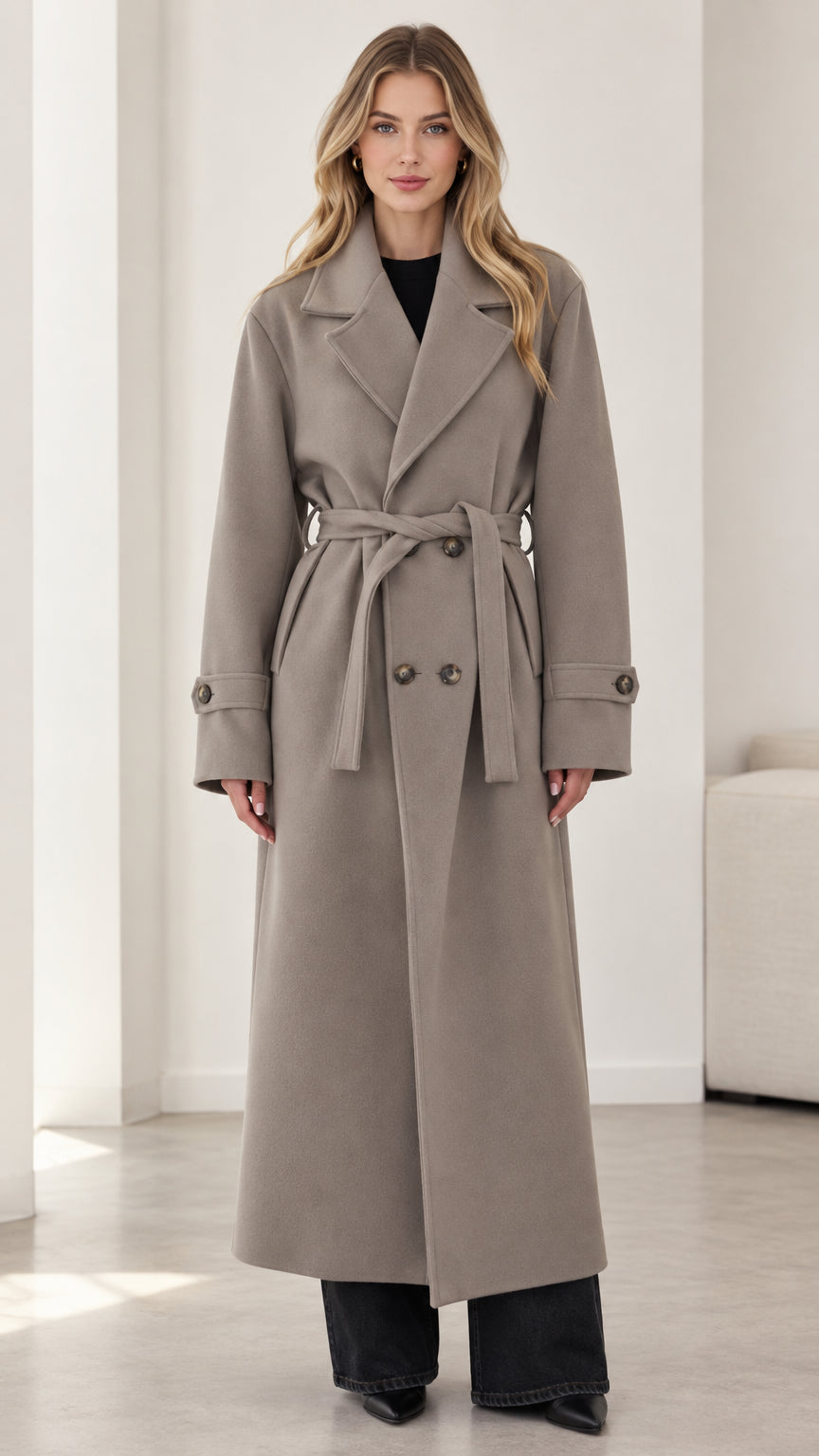 Full front view of model wearing taupe double-breasted maxi coat with tied belt