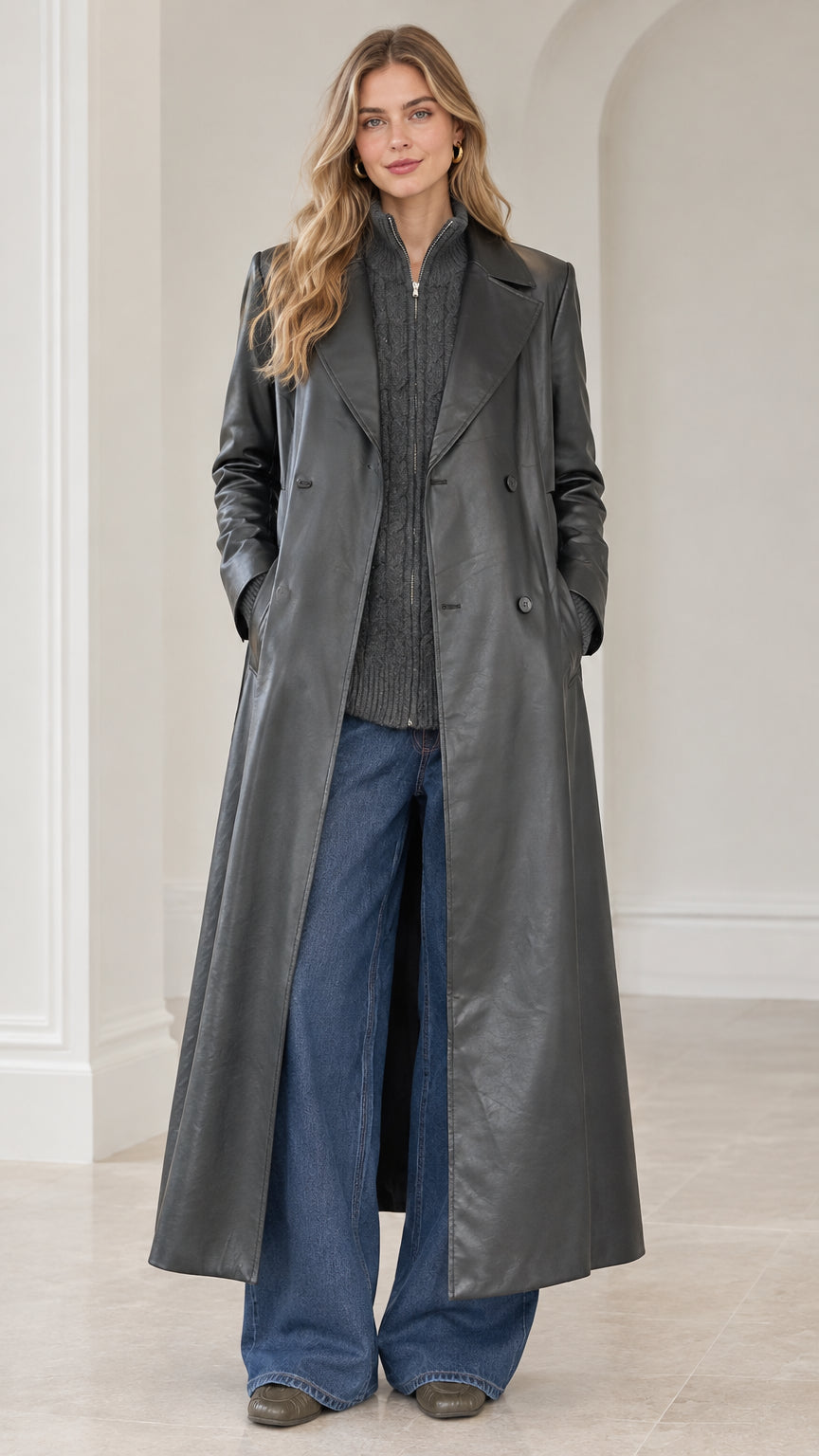 Front full-length view of model wearing charcoal grey faux leather maxi trench coat with notch lapel and jeans
