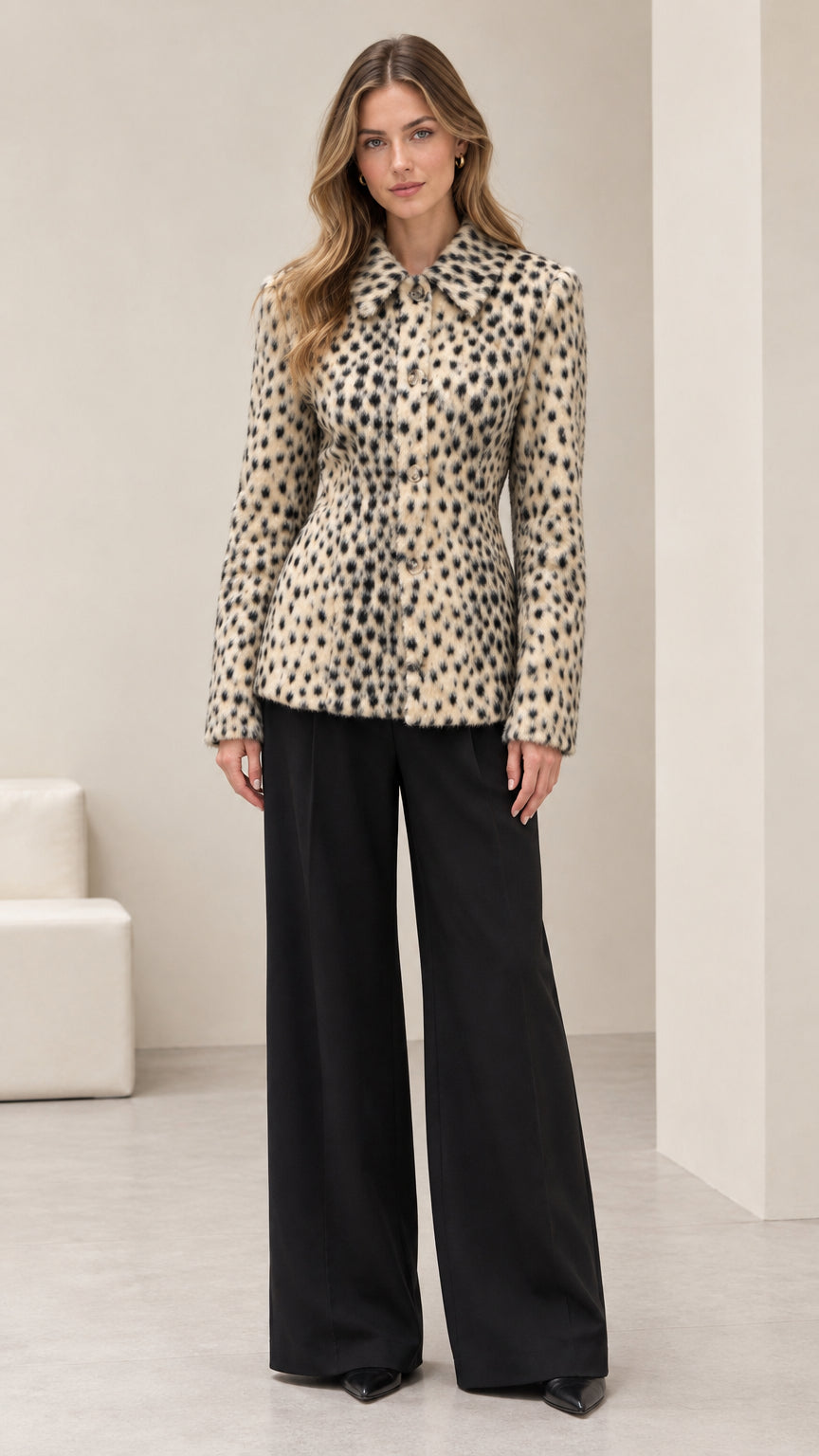 Front full view of woman wearing cream textured animal print tailored jacket with black trousers