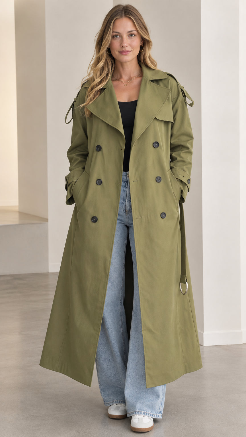 Front full-length view of woman wearing an olive green maxi double-breasted trench coat