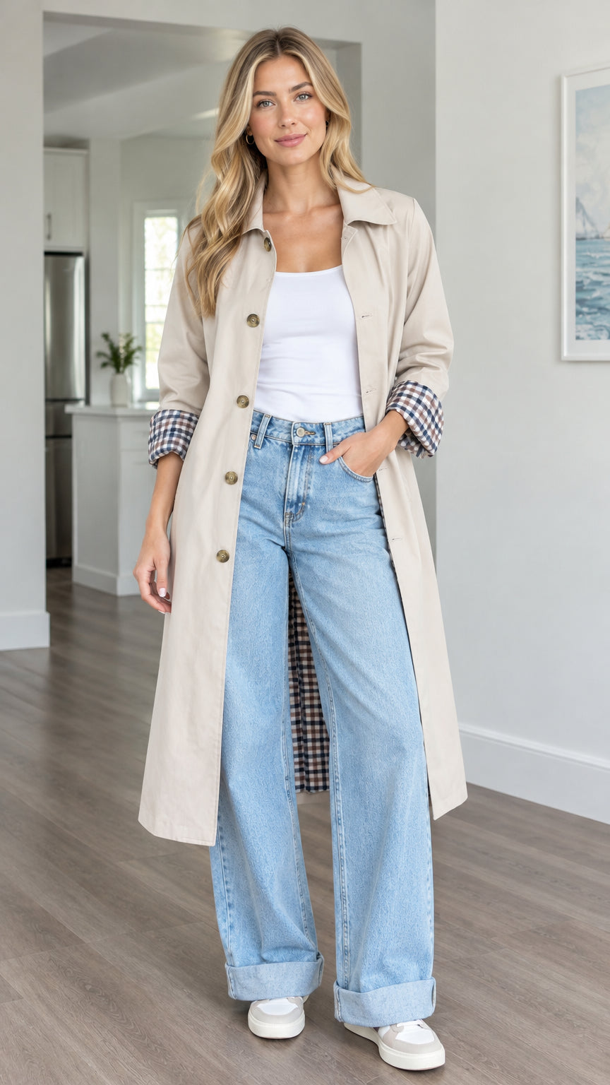 Front view of woman wearing a beige long plaid-lined trench coat with wide-leg jeans