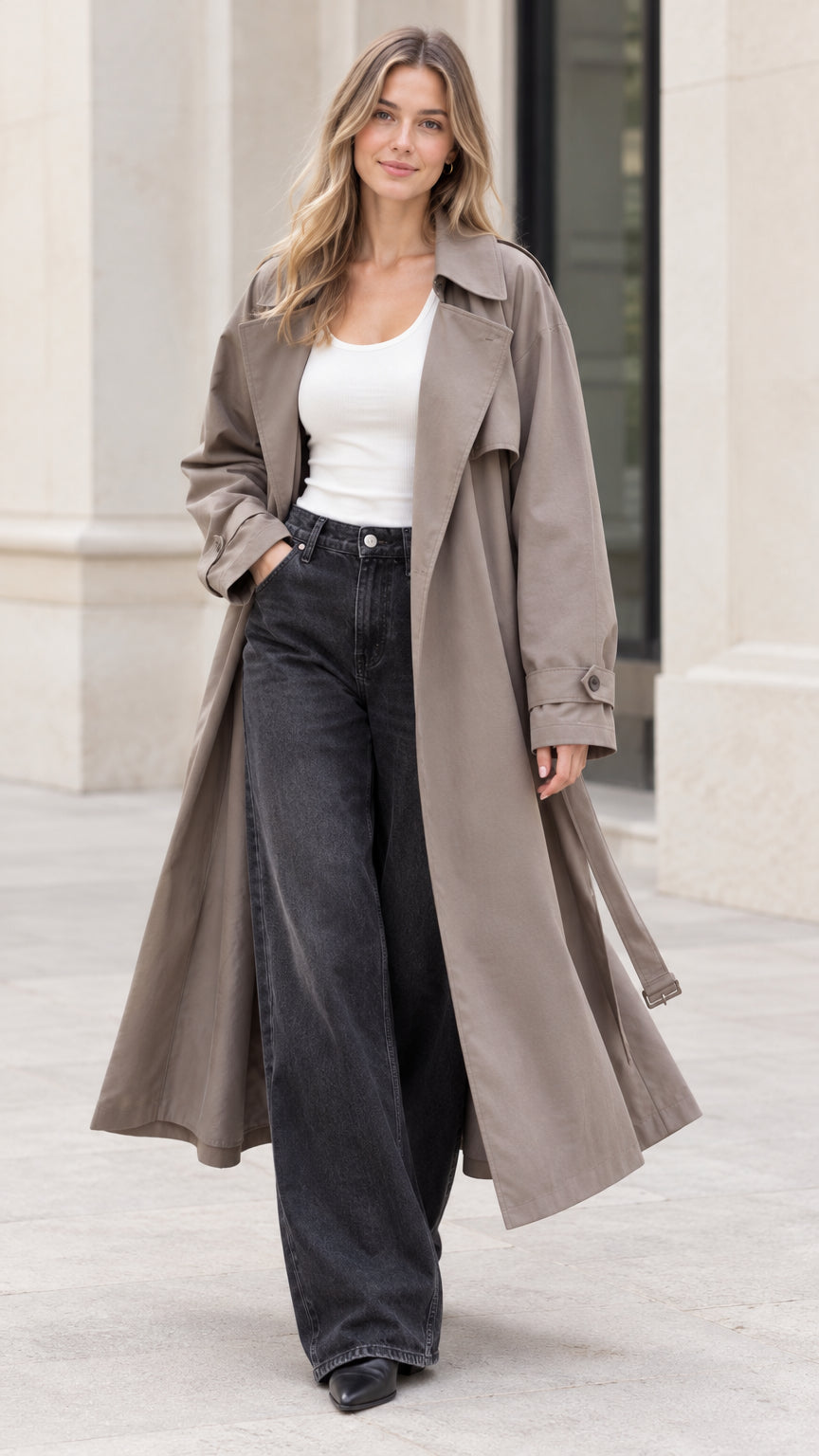 Front full-length view of woman wearing taupe longline trench coat with black wide-leg jeans