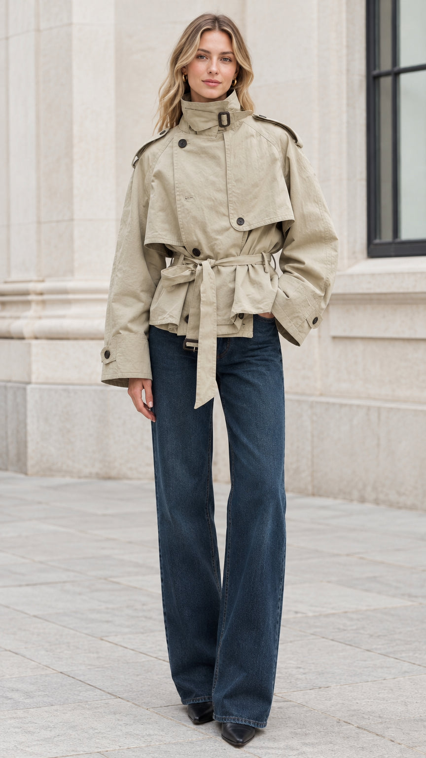 Front view of model wearing sage green cropped belted trench jacket with high collar and denim pants