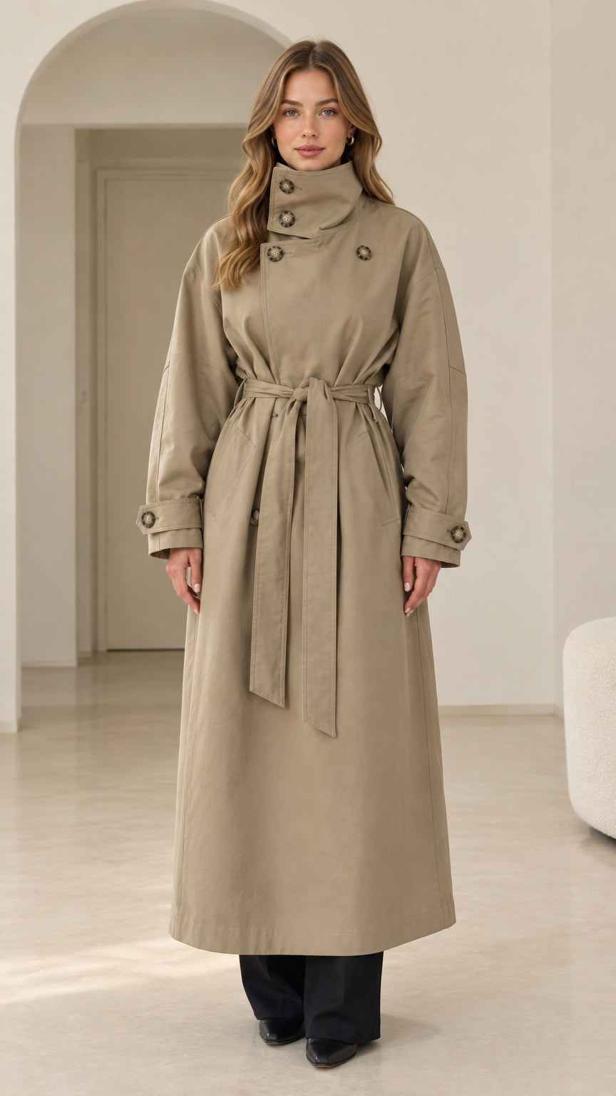 Front full view of woman wearing khaki high neck maxi trench coat with waist tie