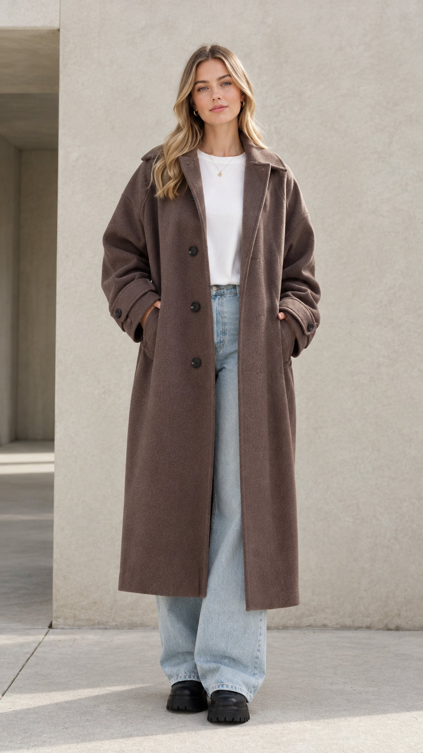 Full front view of model wearing a brown longline relaxed lapel overcoat with wide jeans