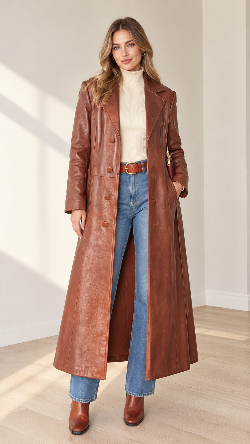 Front view of woman wearing full-length brown faux leather trench coat over cream turtleneck and flared jeans