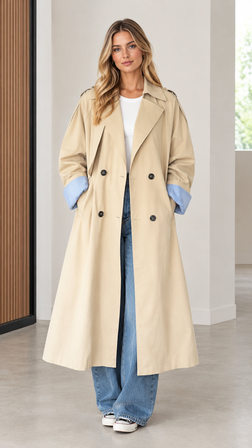 Front full-length view of woman wearing khaki long double-breasted trench coat with striped cuffs