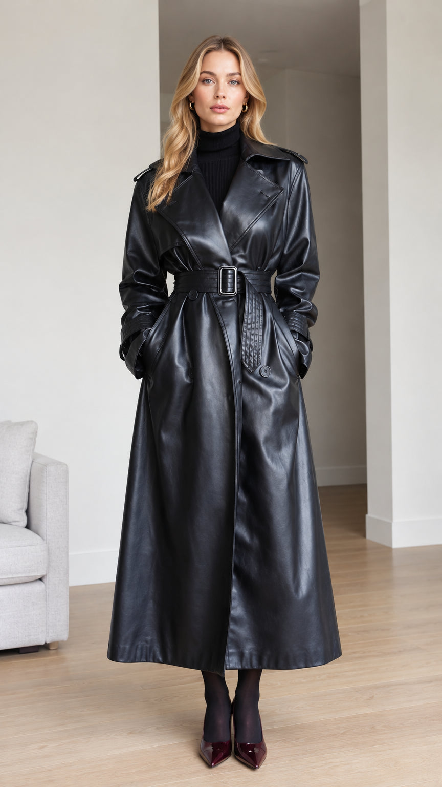 Front view of model wearing full-length black faux leather belted trench coat