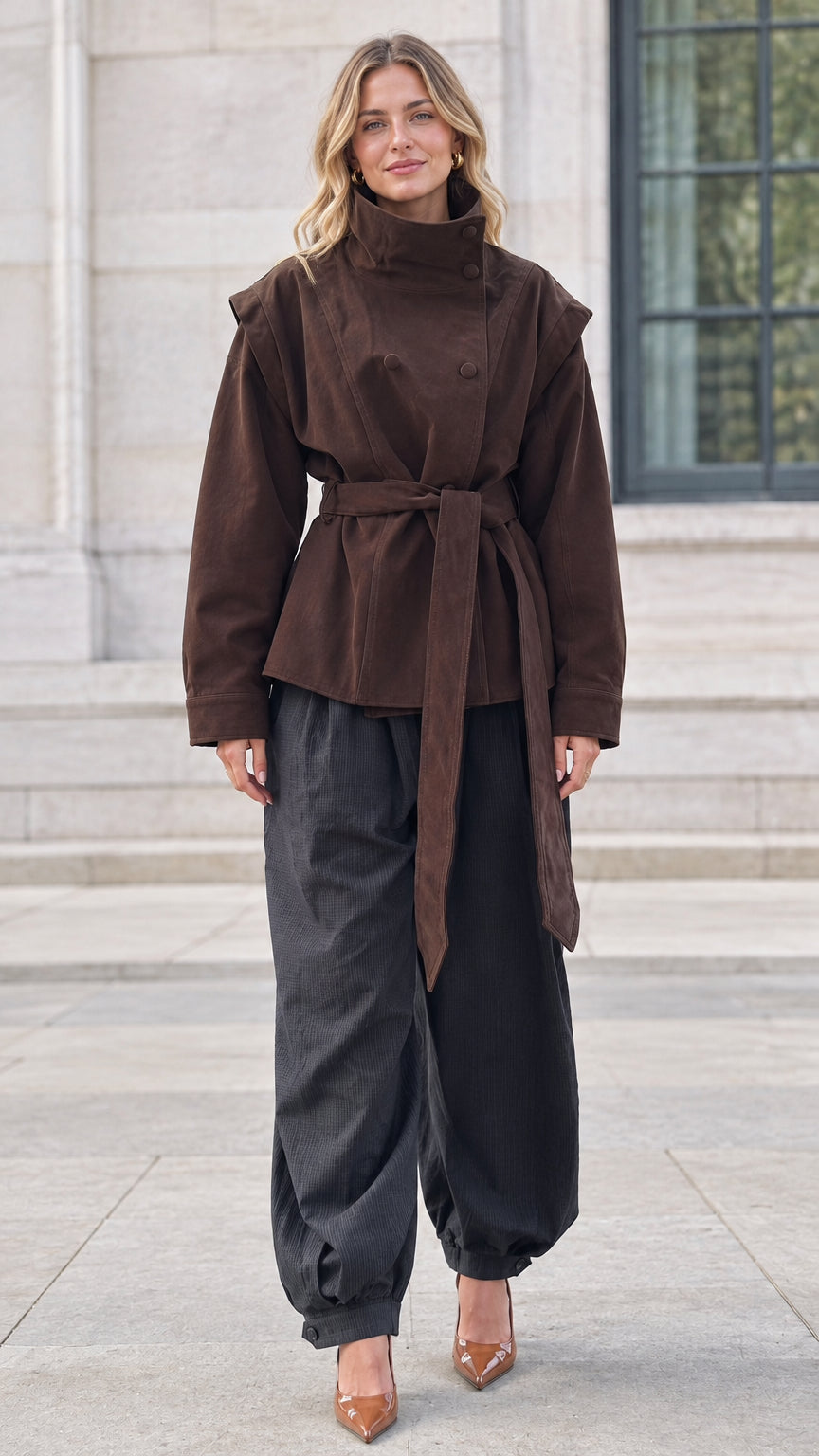 Front view of woman wearing brown stand collar belted utility jacket with dark trousers
