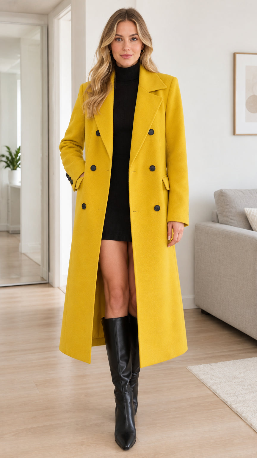 Front view of model wearing vibrant yellow double-breasted longline coat with black knit dress and tall boots