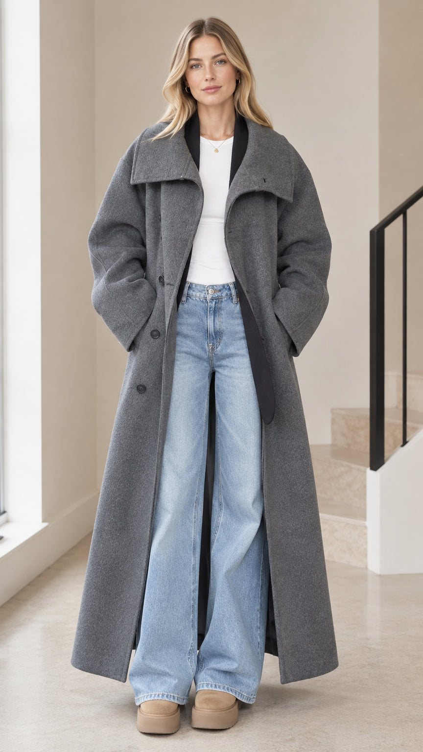 Front view of model wearing grey oversized maxi overcoat with wide lapel collar and wide leg jeans