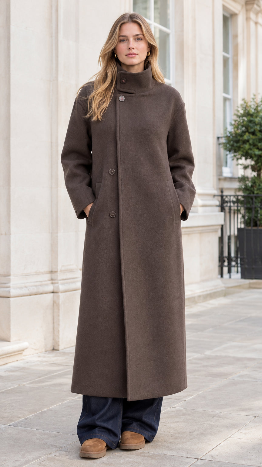 Front view of woman wearing brown high stand collar longline overcoat with wide-leg trousers