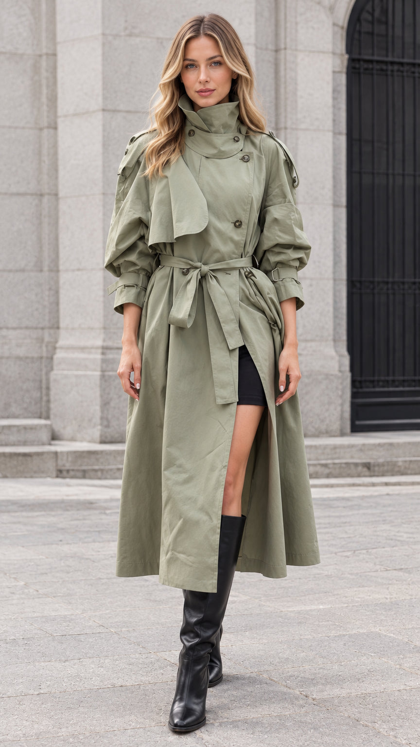 Front view of model wearing sage green maxi belted trench coat with high collar
