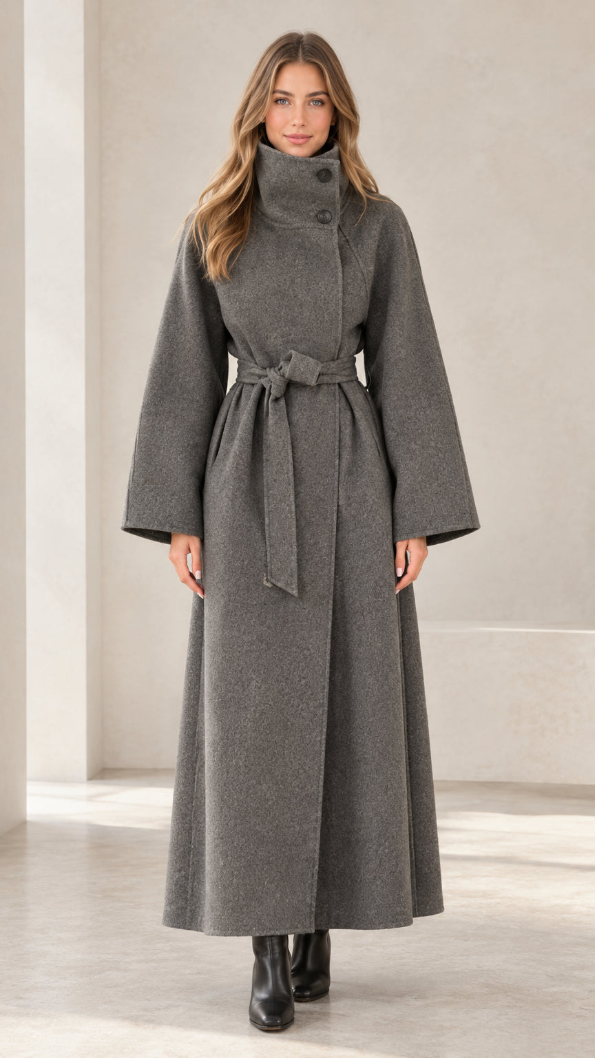 Front full view of women's charcoal grey high-neck maxi belted trench coat