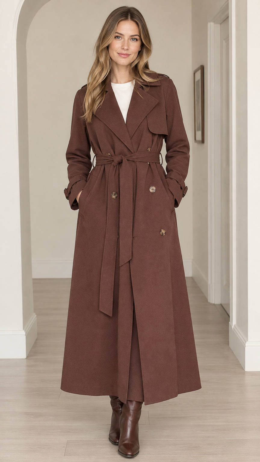 Full front view of women's long brown maxi trench coat tied at the waist