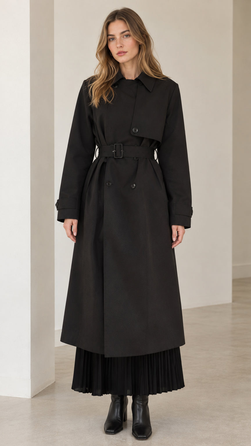 Front view of model wearing long black belted trench coat over pleated black skirt