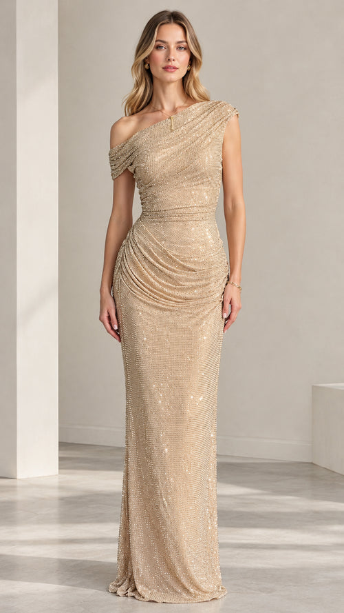 Front view of model wearing Champagne one-shoulder ruched sequin maxi evening dress