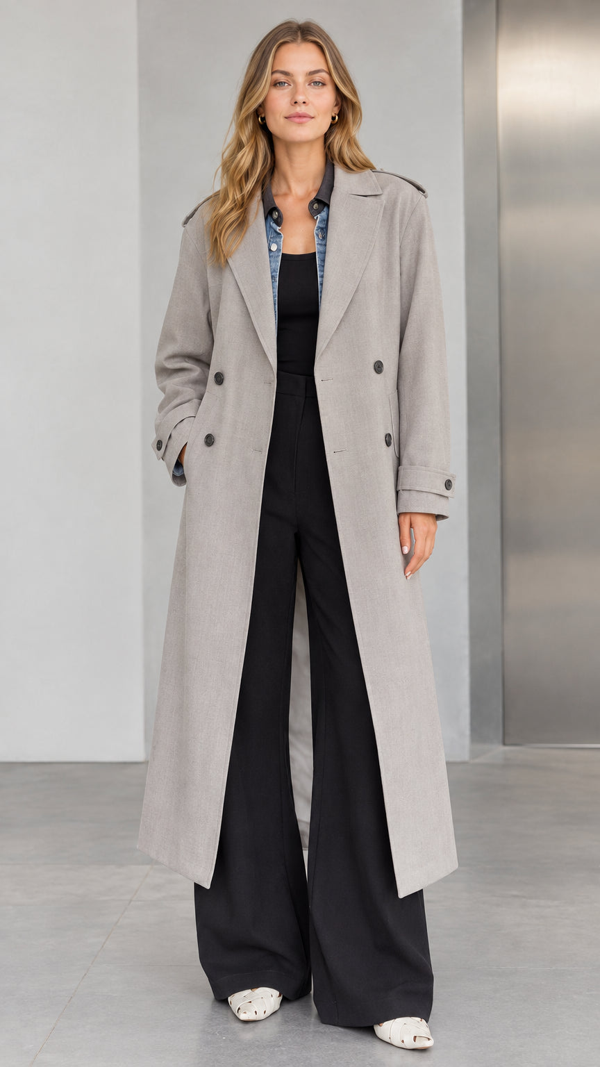 Front full-length view of woman wearing Light Grey double-breasted trench coat over black jumpsuit