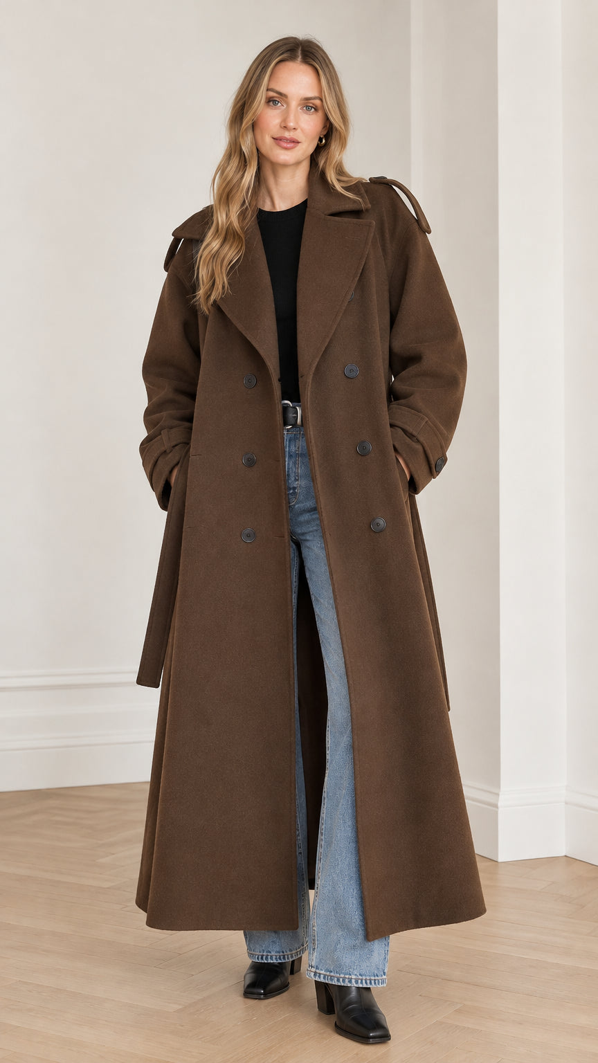 Front full-length view of woman wearing brown double-breasted maxi trench coat with denim and boots