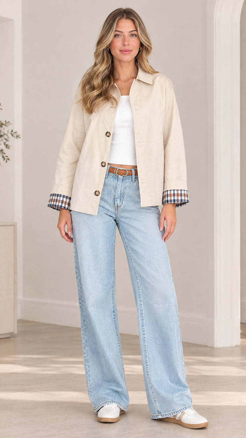Front full-length view of model wearing beige button-front shirt jacket with plaid cuffs and light denim jeans