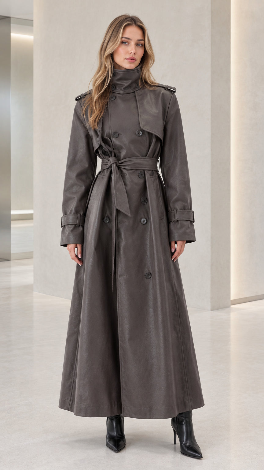 Front full view of women's charcoal grey double-breasted maxi trench coat with waist belt