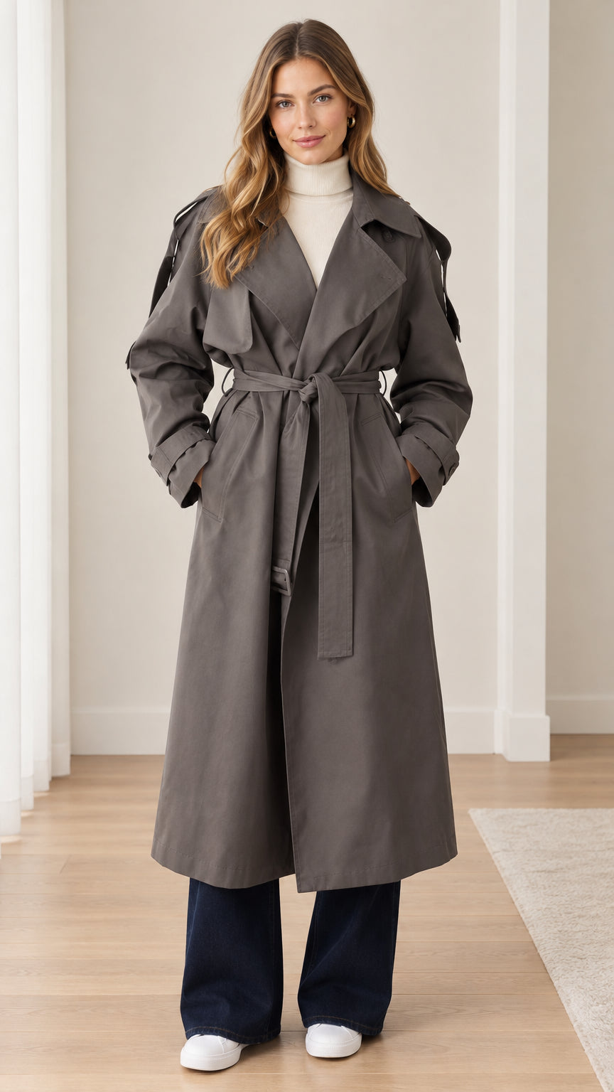 Front view of model wearing dark grey longline belted trench coat