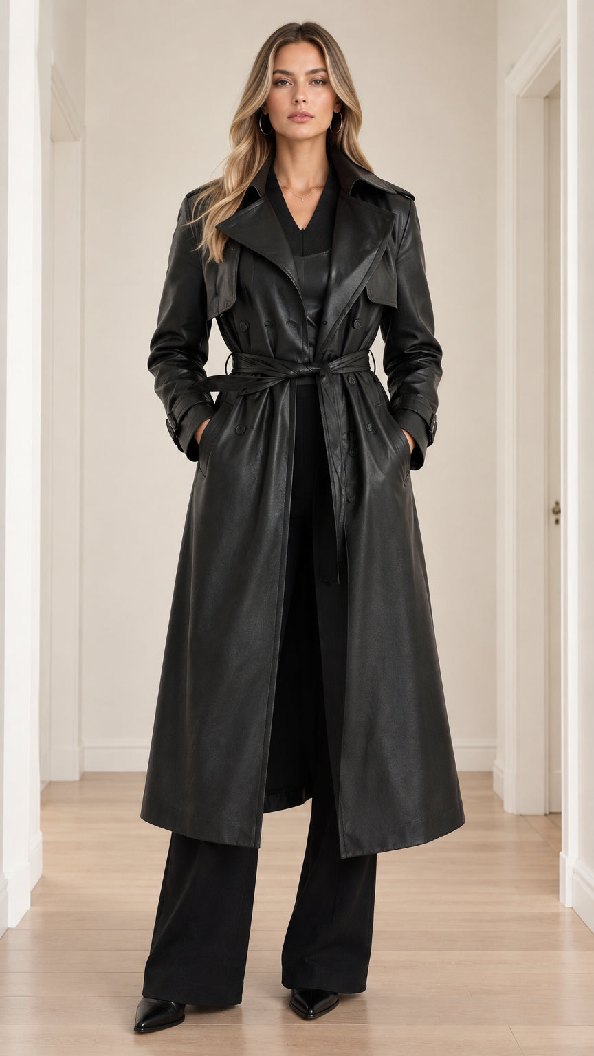 Front view of woman wearing a long black faux leather belted trench coat