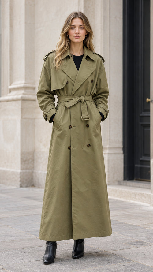 Front view of woman wearing full-length olive green double-breasted trench coat with tie belt