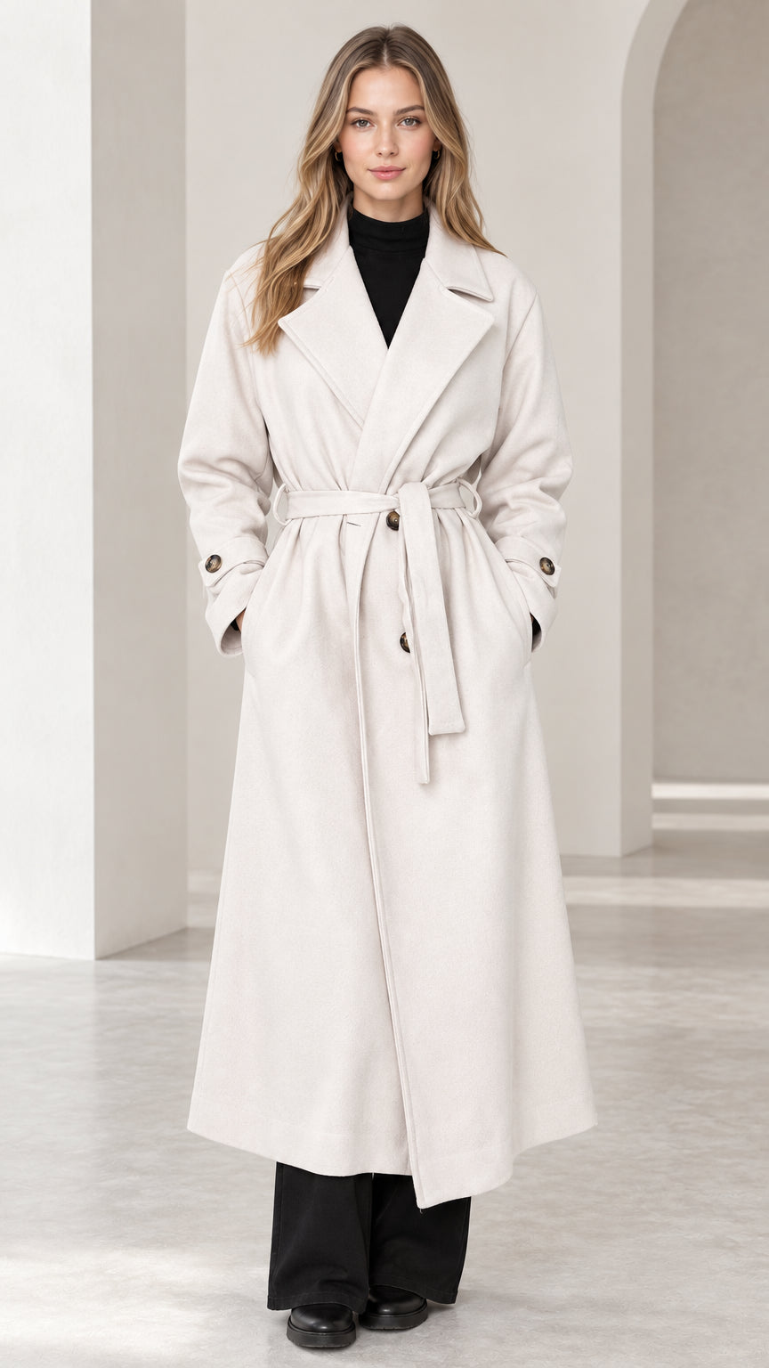 Front view of woman wearing cream long belted trench overcoat with notch lapels