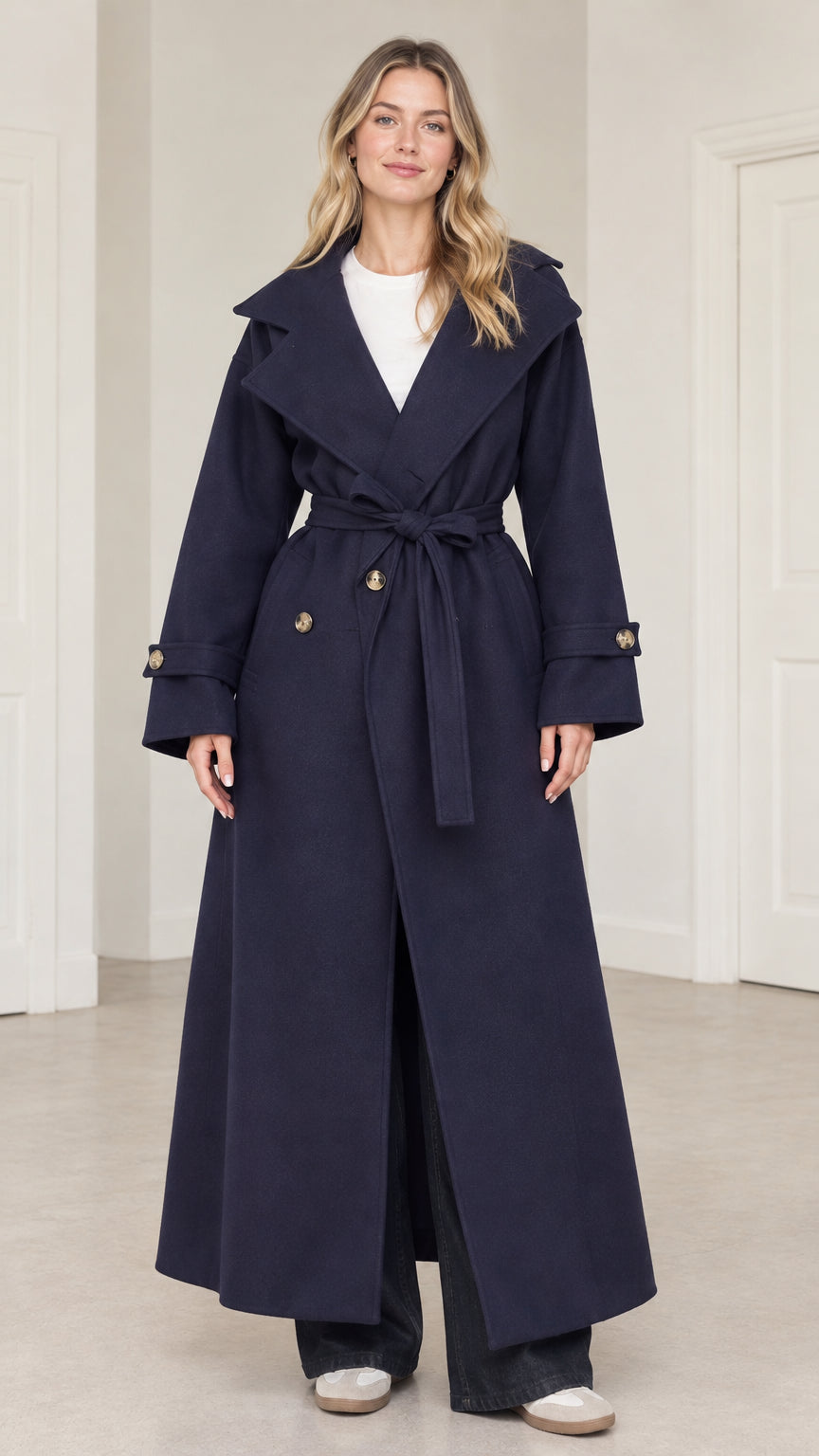 Front full-length view of woman wearing navy blue maxi belted trench coat