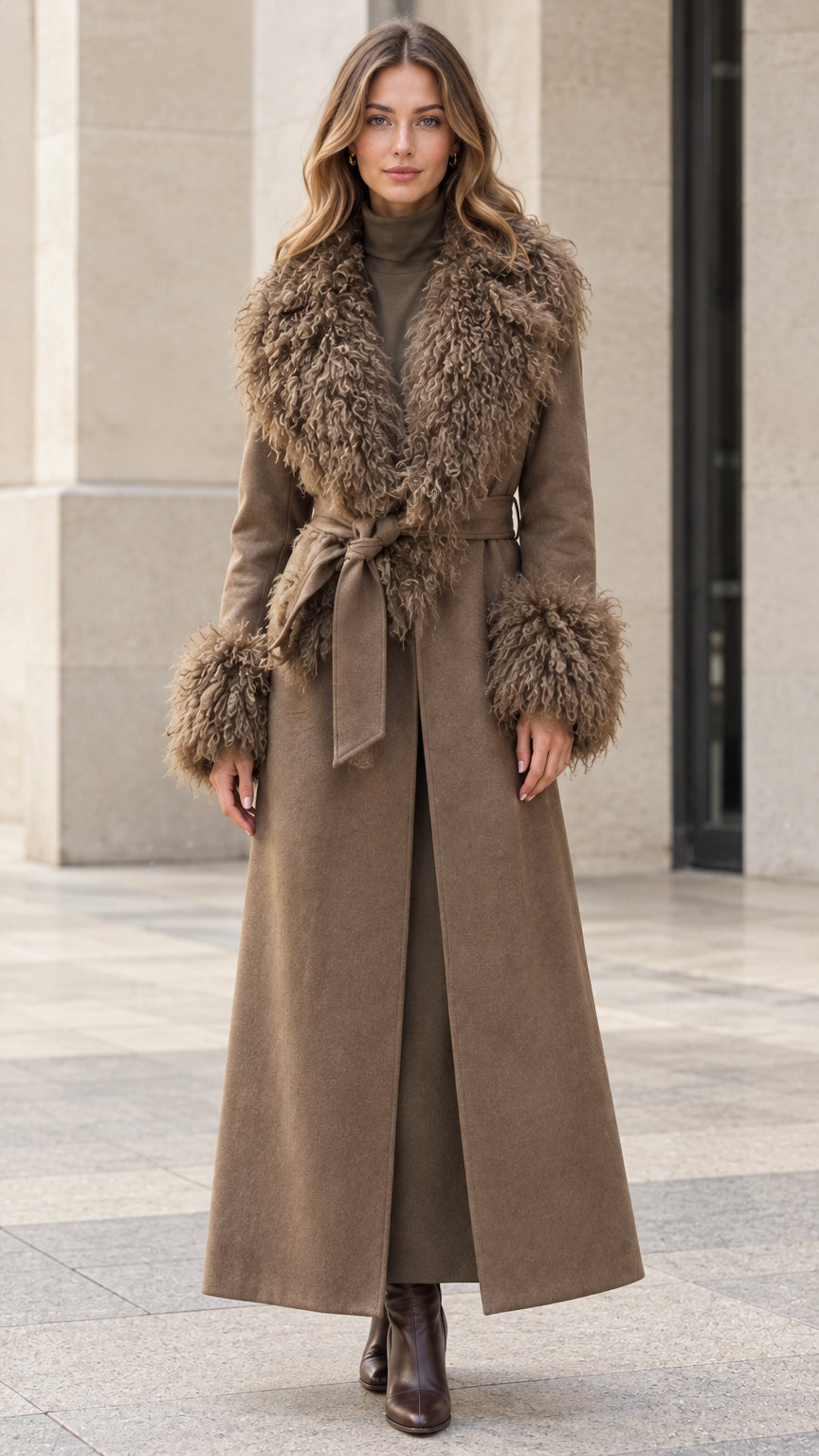 Full front view of model wearing brown faux fur trim belted maxi coat