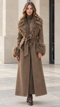 Full front view of model wearing brown faux fur trim belted maxi coat