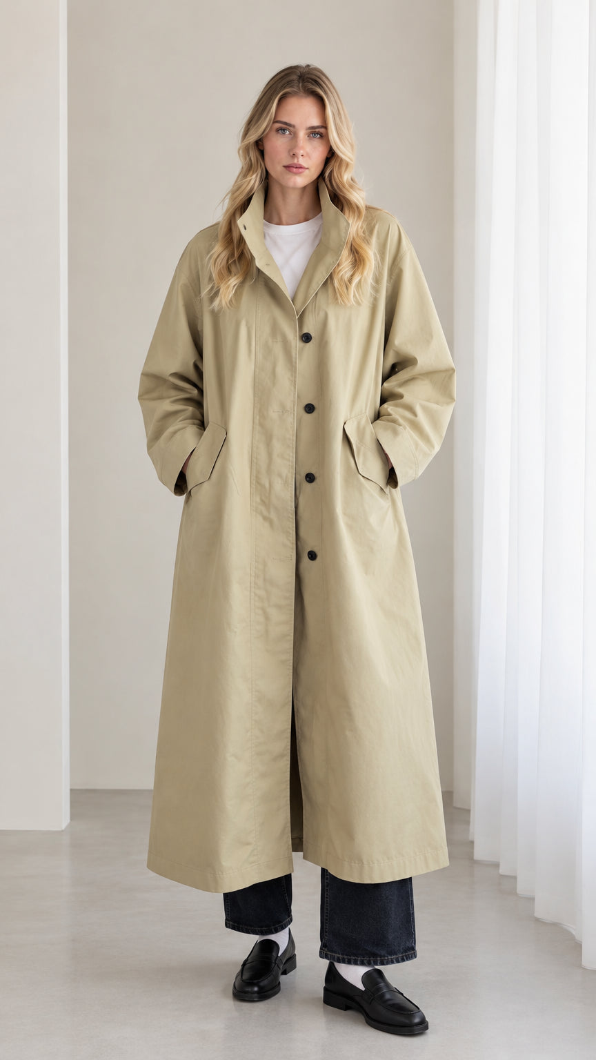 Front full view of woman wearing sage khaki longline trench overcoat with black pants and loafers