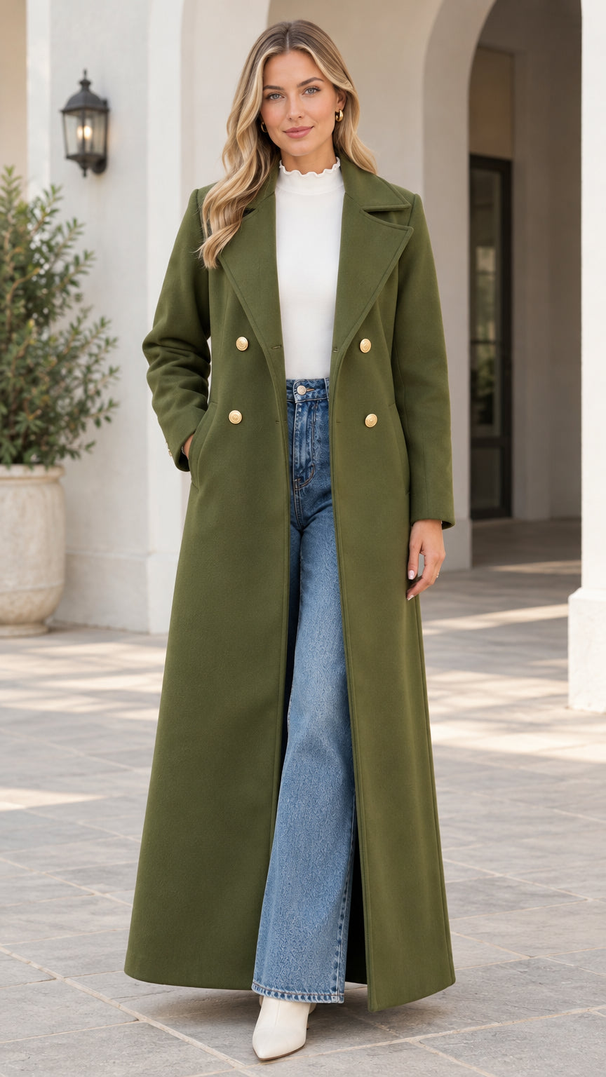 Front full view of woman wearing an olive green floor-length double-breasted maxi coat