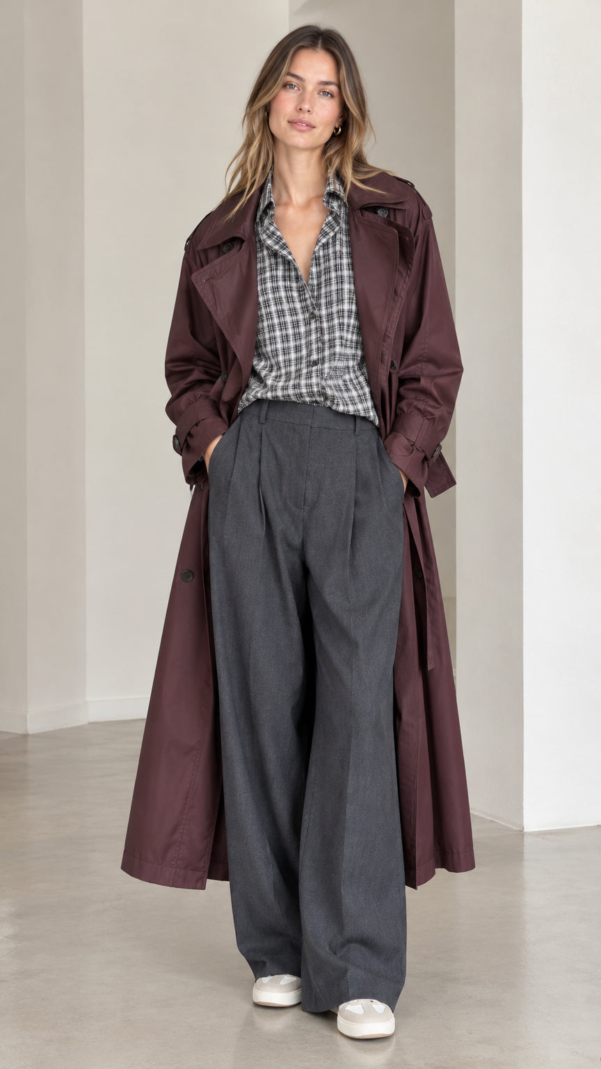 Model wearing long burgundy belted trench coat with open front over plaid shirt and trousers