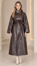 Full front view of model wearing dark brown high neck belted faux leather maxi coat