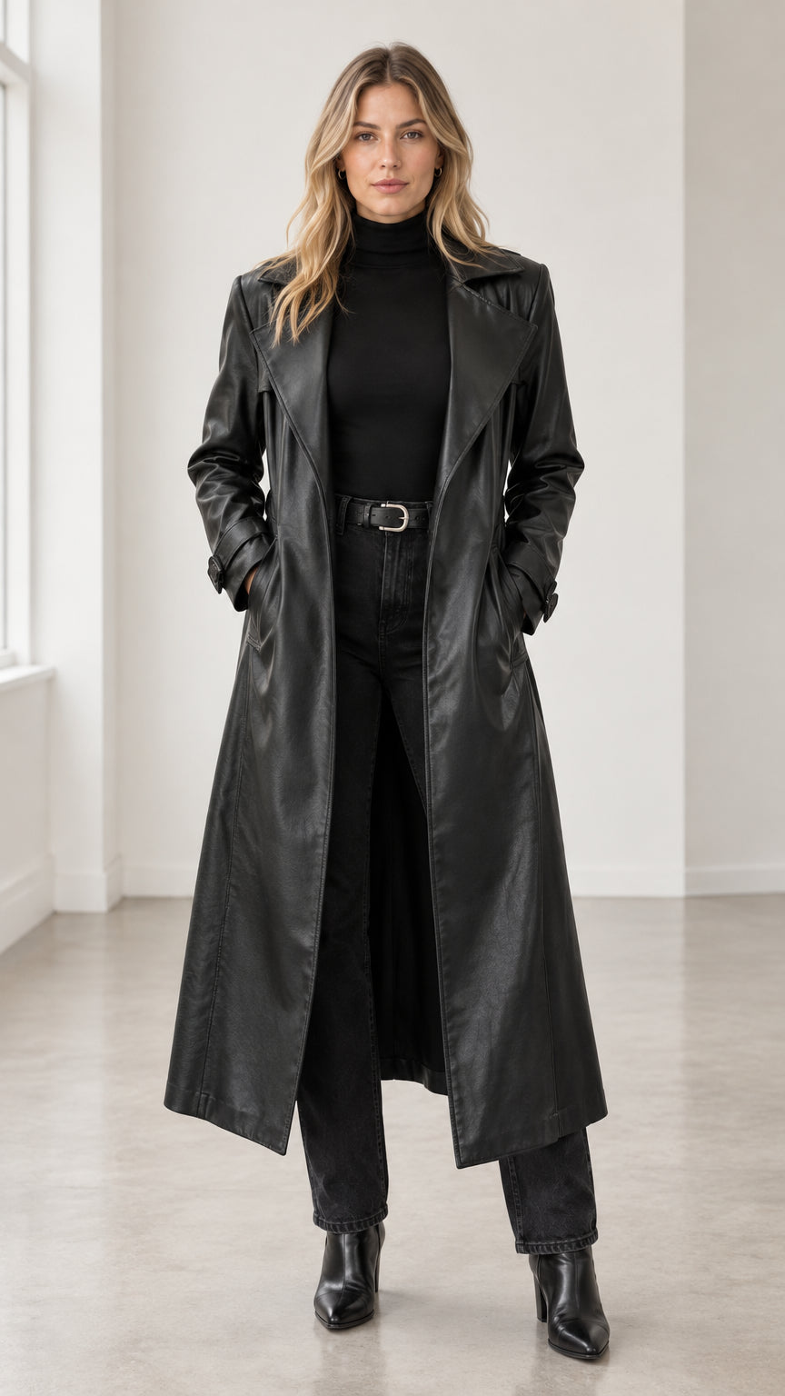 Front full-length view of woman wearing black long faux leather trench coat over black turtleneck and trousers