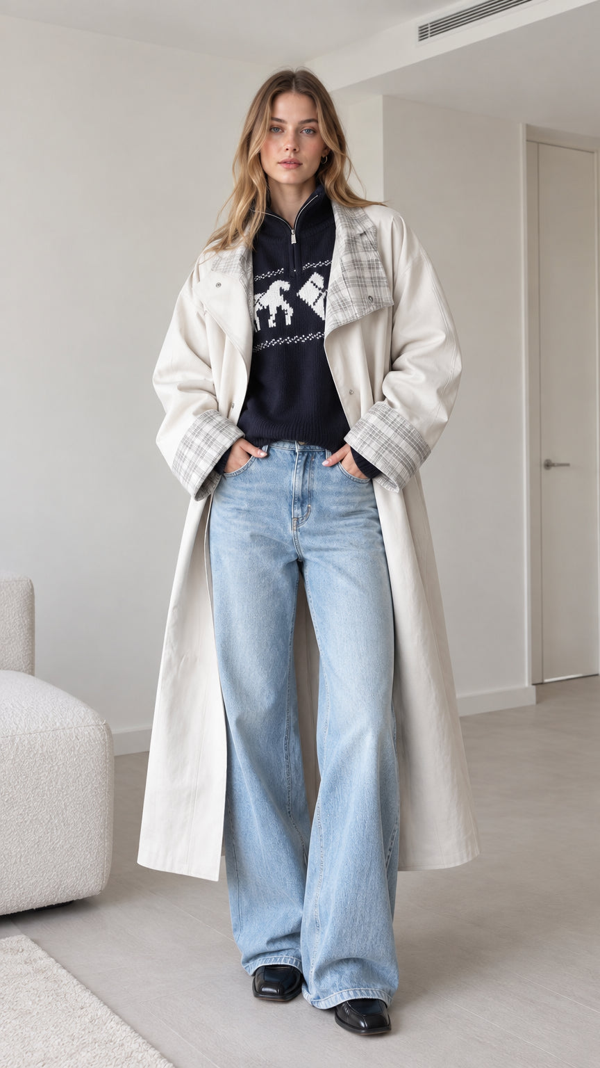 Front full-length view of model wearing off-white long trench coat with plaid lapels and wide-leg jeans