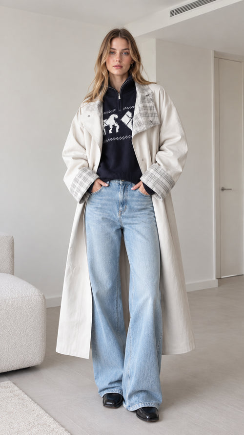 Front full-length view of model wearing off-white long trench coat with plaid lapels and wide-leg jeans