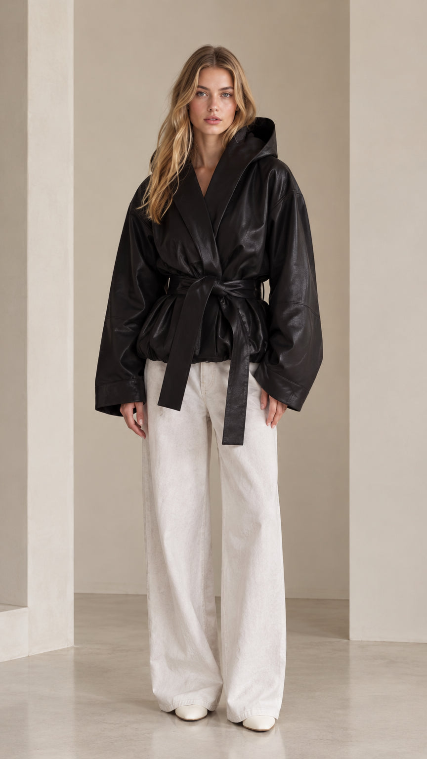 Front view of model wearing black hooded belted faux leather wrap jacket with white wide leg pants
